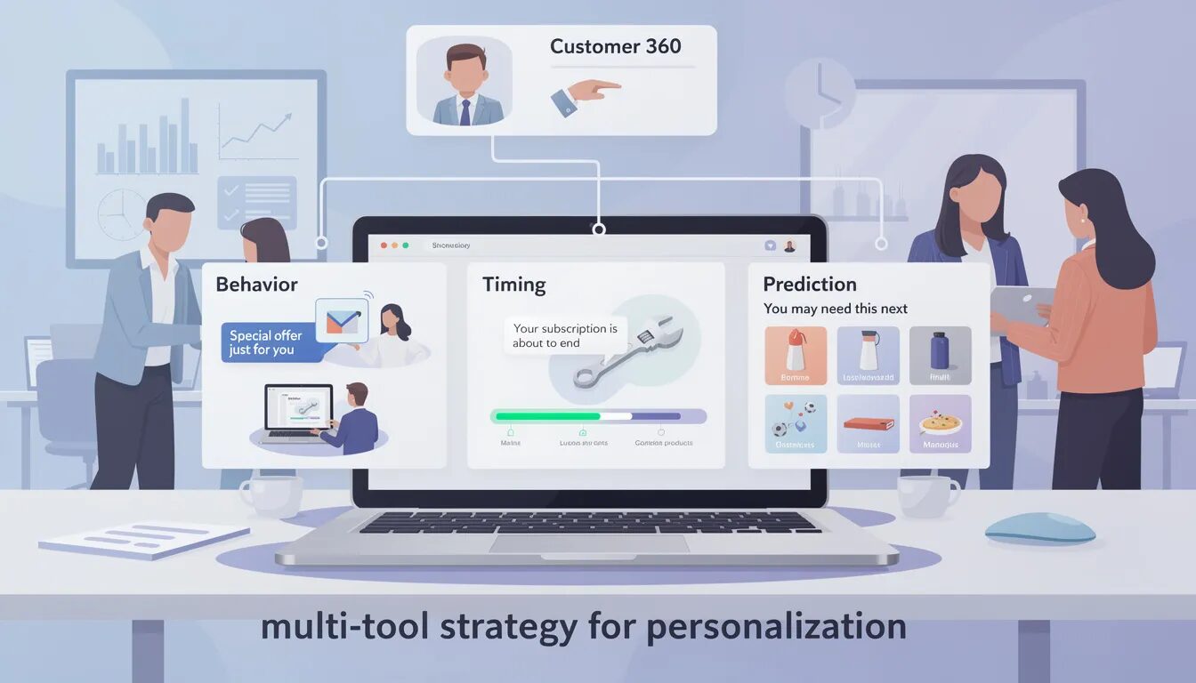 The image illustrates a multi-tool strategy for personalization in business, highlighting three key approaches: sending tailored offers based on customer behavior, timely check-ins before subscription renewals, and predictive product recommendations. This strategy aims to enhance customer engagement and loyalty by delivering personalized experiences that meet individual preferences.