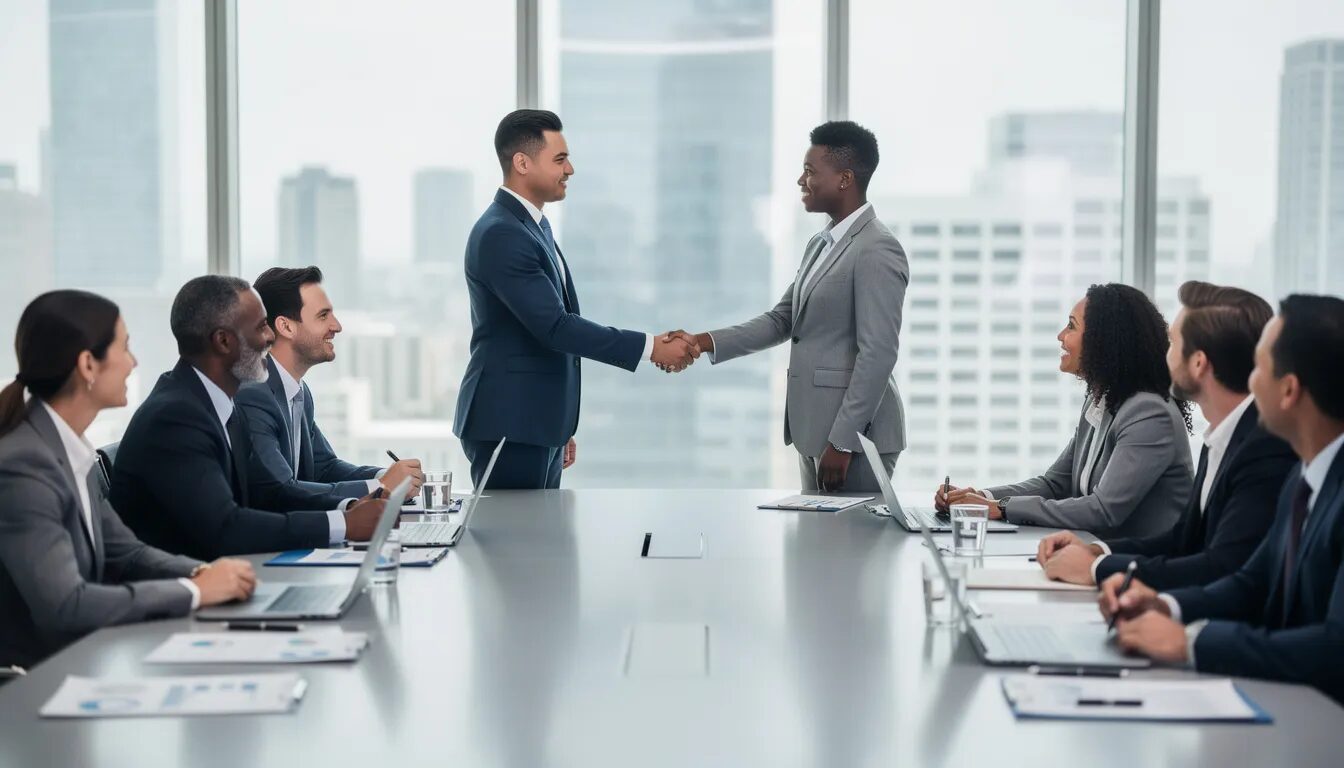 The image depicts a business partnership meeting where two professionals are shaking hands across a conference table, symbolizing strategic partnerships aimed at driving growth for small to mid-sized businesses. This moment reflects the importance of collaboration in developing effective growth strategies and enhancing customer relationships.