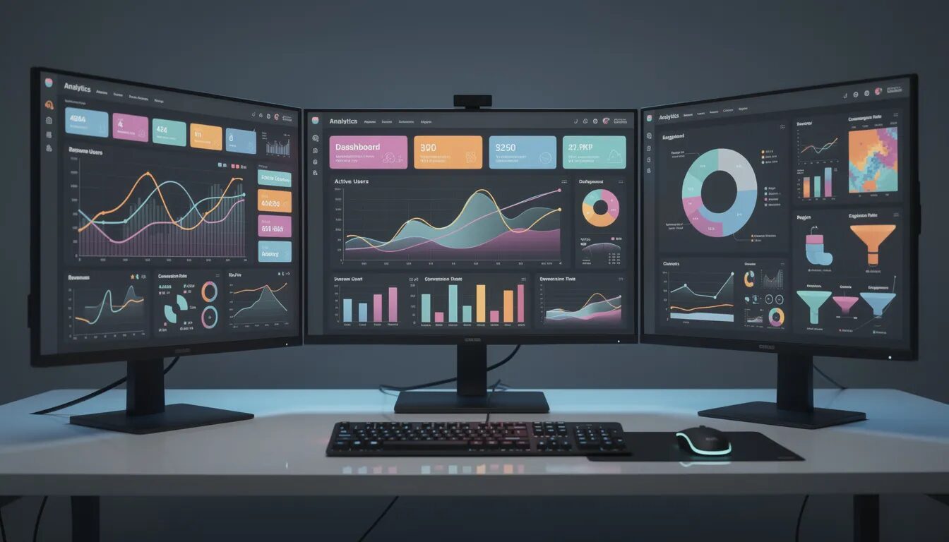 The image features a modern analytics dashboard displayed across multiple screens, showcasing various performance metrics and colorful charts that represent data-driven decision-making in a digital environment. This visual highlights the importance of digital leadership and the role of emerging technologies in driving successful digital transformation initiatives within organizations.