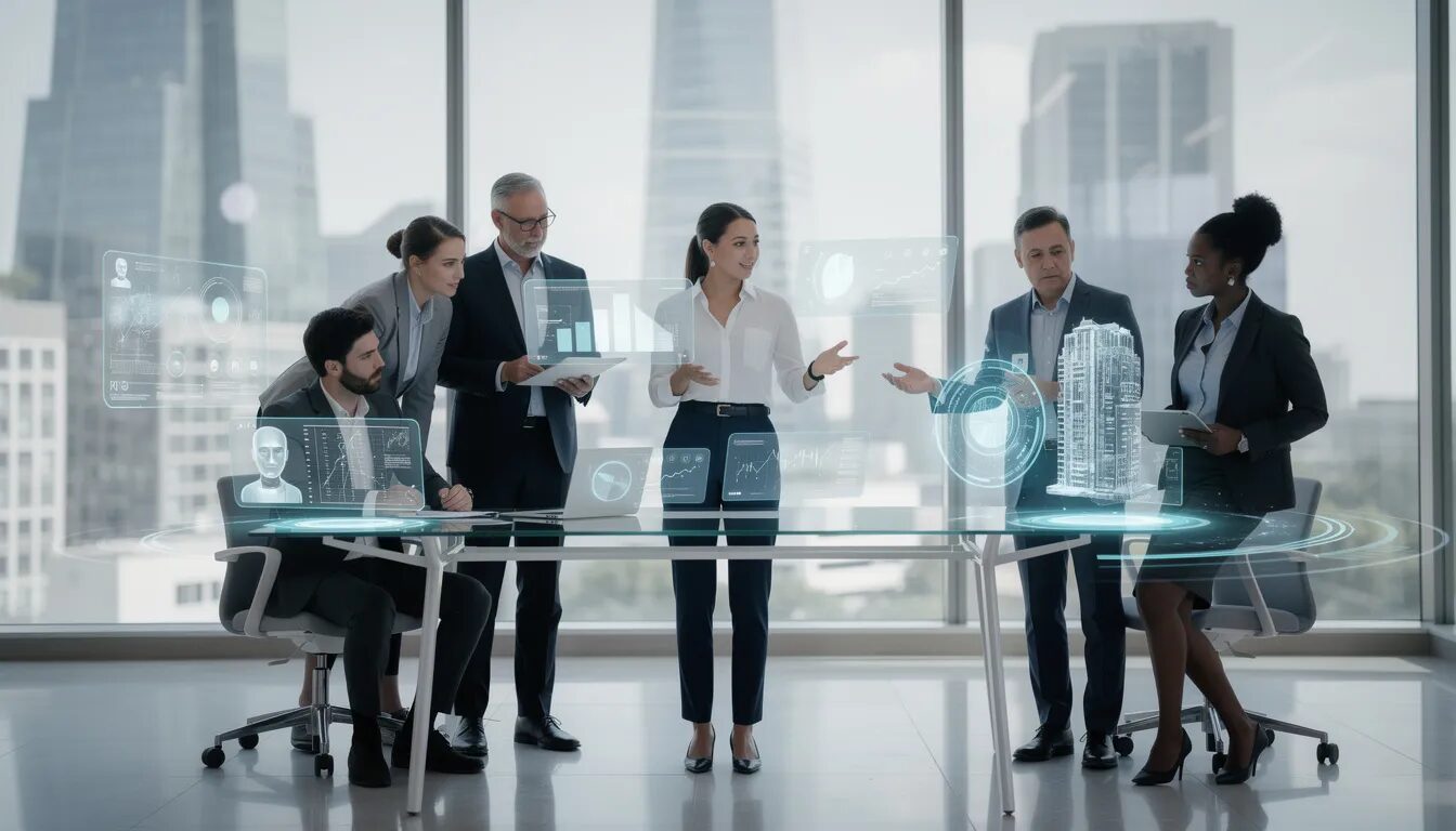 The image depicts a futuristic office environment where a diverse team of professionals collaborates using advanced AI technologies, including holographic displays and interactive interfaces. This setting emphasizes responsible AI practices and ethical considerations in the use of AI systems, showcasing a commitment to human oversight and ethical decision-making in their projects.