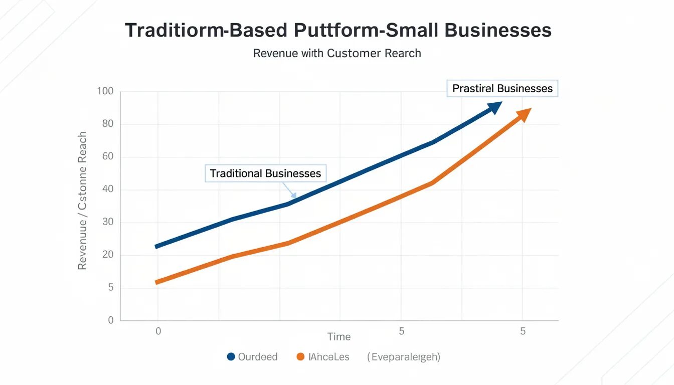 The image is a comparison chart illustrating the growth trajectories of traditional business models versus platform-based business models, highlighting the advantages of platform businesses in engaging customers, driving growth, and adapting to market changes through emerging technologies. The chart emphasizes how platform development can lead to value creation and scalability for small businesses.