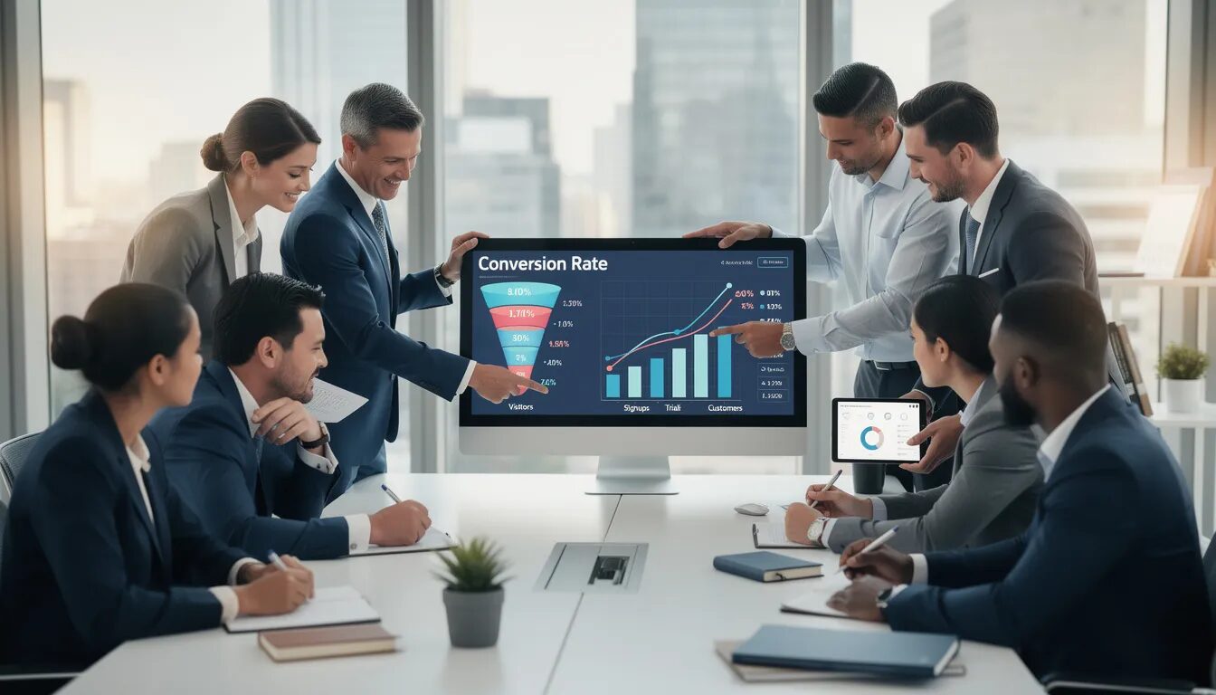 A group of business professionals is focused on analyzing conversion rate charts and funnel performance metrics displayed on a computer screen, aiming to optimize their sales funnel strategy. They are likely discussing how to improve conversion rates and attract potential customers through effective marketing efforts and compelling content.