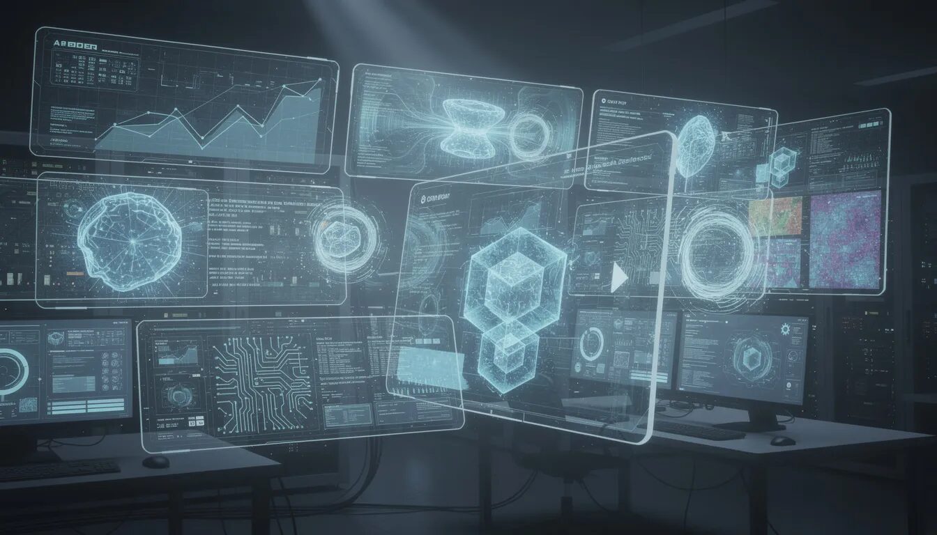 The image depicts advanced artificial intelligence systems analyzing complex data patterns on sleek, futuristic computer displays, highlighting the importance of robust security measures and data management in today's digital world. This visual emphasizes the need for digital trust solutions to protect sensitive data and ensure secure digital transactions in an interconnected landscape.