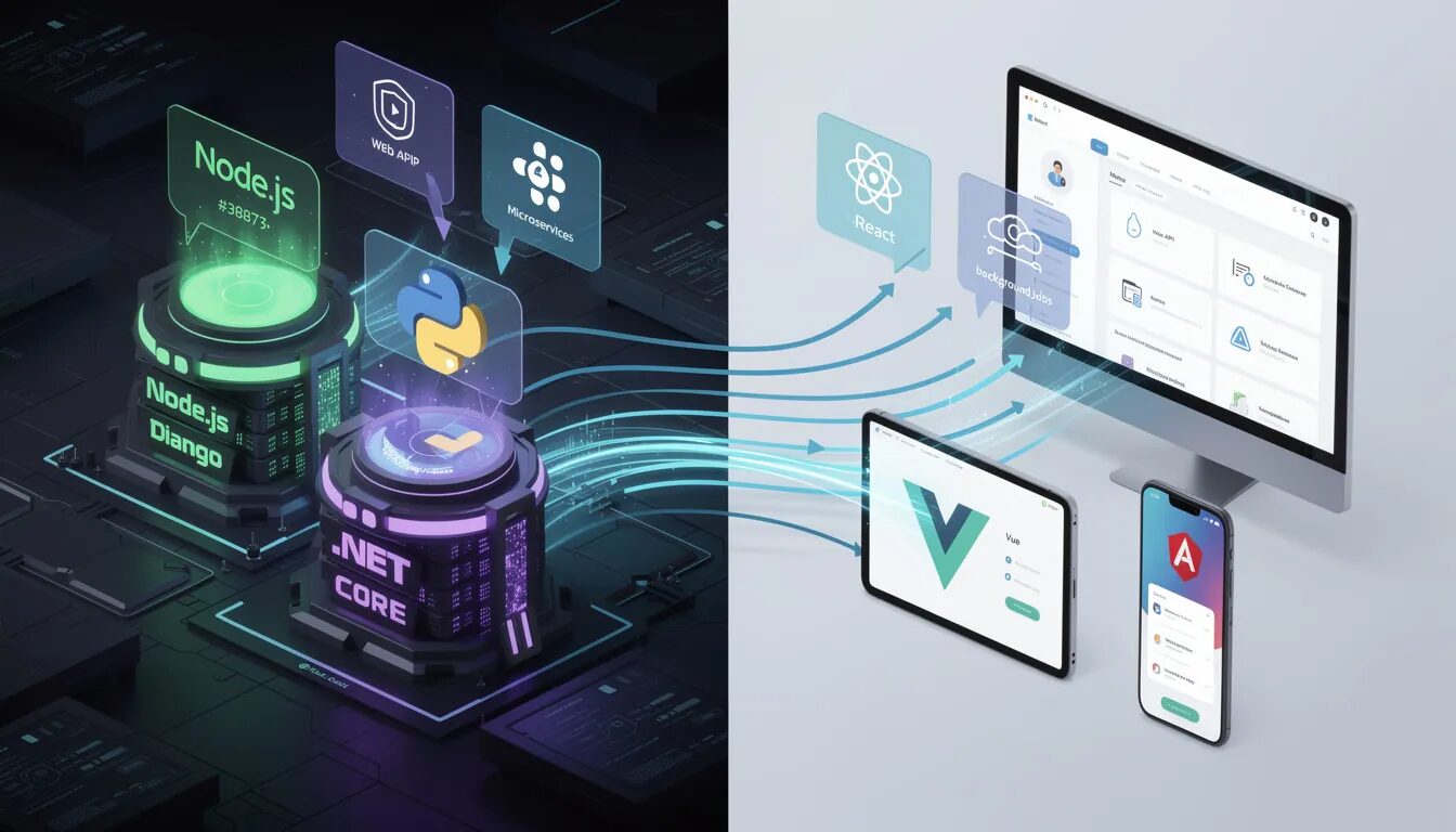 The image features a split visualization showcasing three powerful backend engines—Node.js, Python Django, and .NET Core—on the left, each supporting different application modules. On the right, sleek user interfaces built with React, Vue, and Angular display seamlessly on various devices, illustrating the integration of advanced services for digital transformation and operational efficiency in modern business solutions.