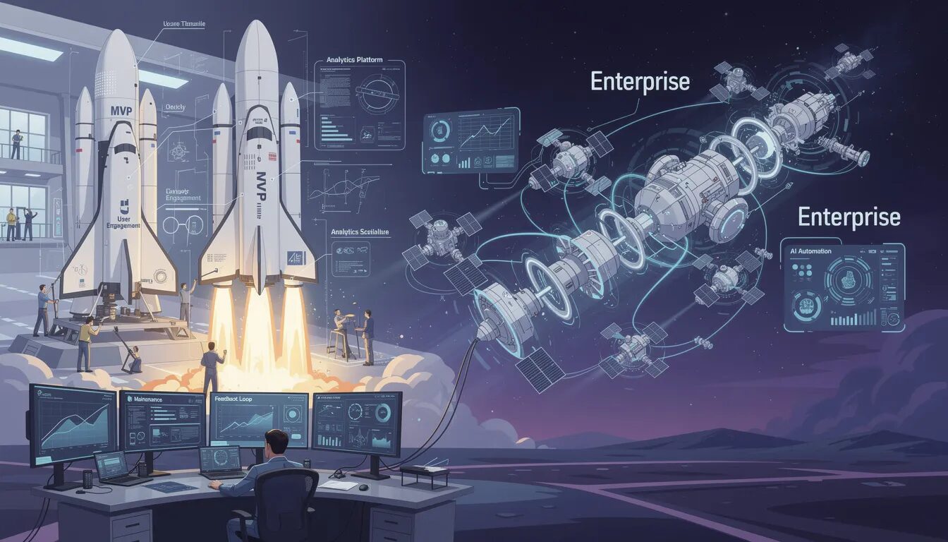 The image depicts a rocket being constructed with a strong 'MVP' core and 'User Engagement' sensors, symbolizing the integration of digital tools and new technology in the operational efficiency of businesses. As it prepares for launch, the scalable architecture is designed to expand into a vast 'Enterprise' constellation, showcasing the potential for growth and actionable insights in the digital marketing landscape.