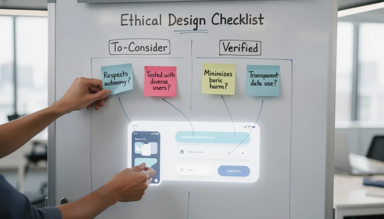 The image depicts a product team's whiteboard featuring an "Ethical Design Checklist," where sticky notes with questions like "Respects autonomy?" and "Tested with diverse users?" are being moved to a "Verified" column, emphasizing the importance of ethical considerations in the design process. In the background, a clean, user-friendly interface is displayed, highlighting the connection between ethical design principles and effective digital products.