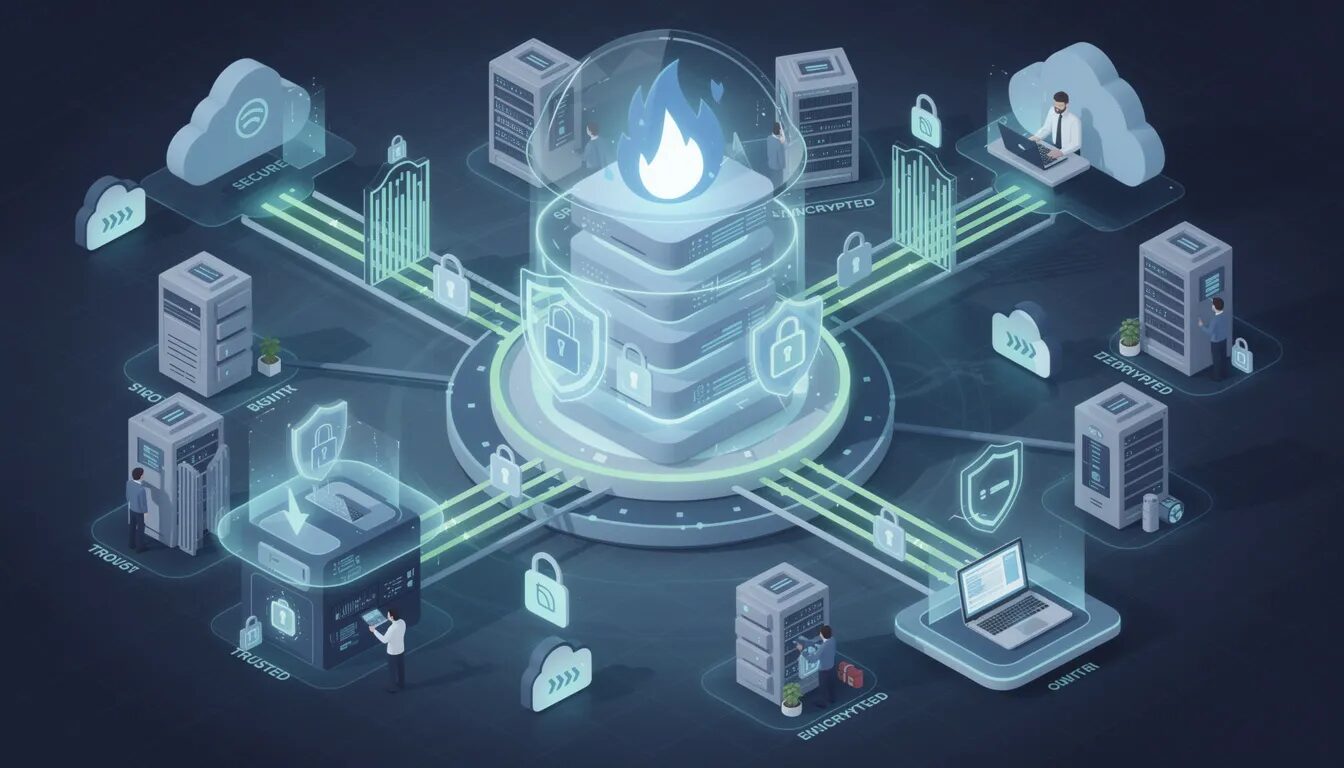 The image depicts a secure digital environment showcasing protected data flows and multiple security layers within a business ecosystem. It illustrates how digital platforms and connected technologies work together to enhance data security and facilitate value creation in the digital age.