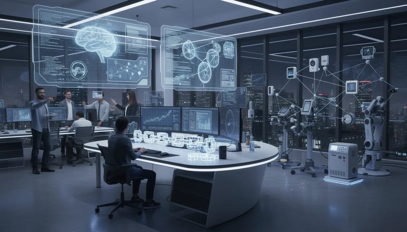 The image depicts a futuristic technology workspace where a diverse team collaborates on the integration of AI, blockchain, and IoT systems. Digital tools and mobile devices are utilized to enhance operational efficiency, providing actionable insights that drive business impact and ensure compliance in a rapidly evolving digital marketing landscape.
