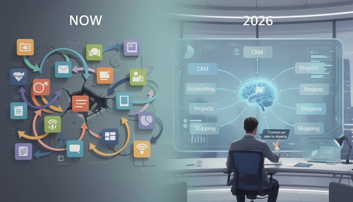 The image depicts a business landscape transitioning from chaos to clarity, showcasing a tangled web of disconnected software icons representing various SaaS applications and project management tools on the left, contrasted with a sleek, unified command center on the right where an AI brain seamlessly integrates all tools. This visual emphasizes the future of SaaS platforms and the integration capabilities that enhance operational efficiency through intelligent workflow automation.