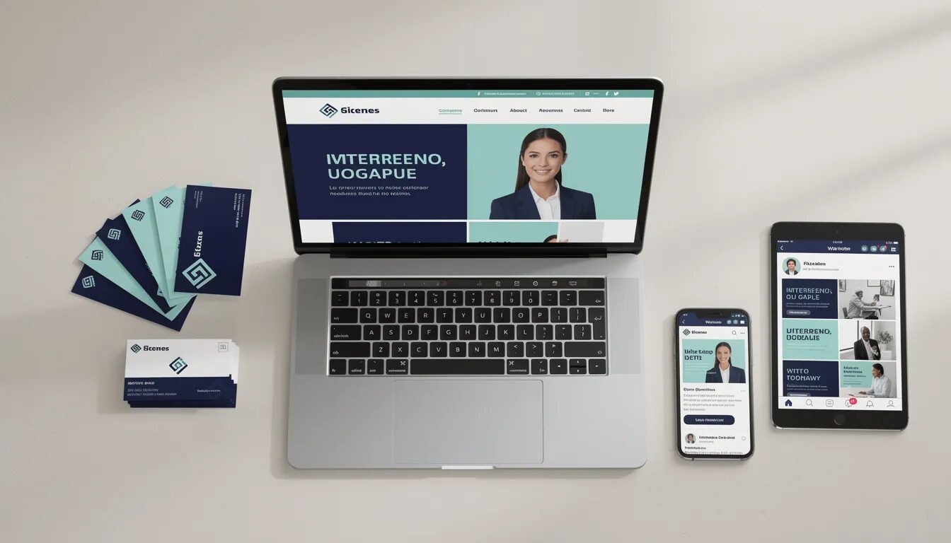 The image showcases a cohesive visual branding strategy, displaying a website, business cards, and social media profiles that all feature a consistent logo, color palette, and design elements, reflecting a strong brand identity. This consistent branding approach helps businesses stand out in a crowded market, fostering customer loyalty and building a recognizable brand presence.