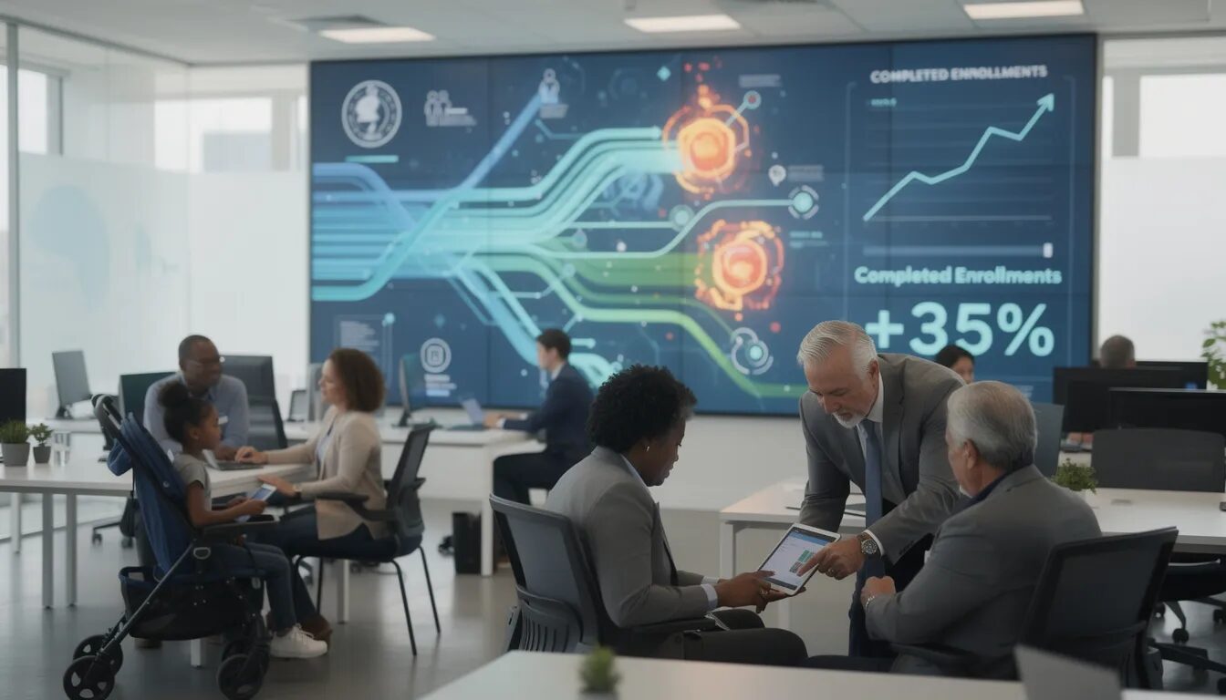 In a modern government office, agency personnel and citizens are collaboratively testing a digital enrollment platform on tablets, while glowing paths on a large screen visualize their interactions. The scene highlights pain points being addressed in real-time, with a key metric, 'Completed Enrollments,' showing a 35% increase, showcasing the business impact of user feedback and the operational efficiency of new technology.