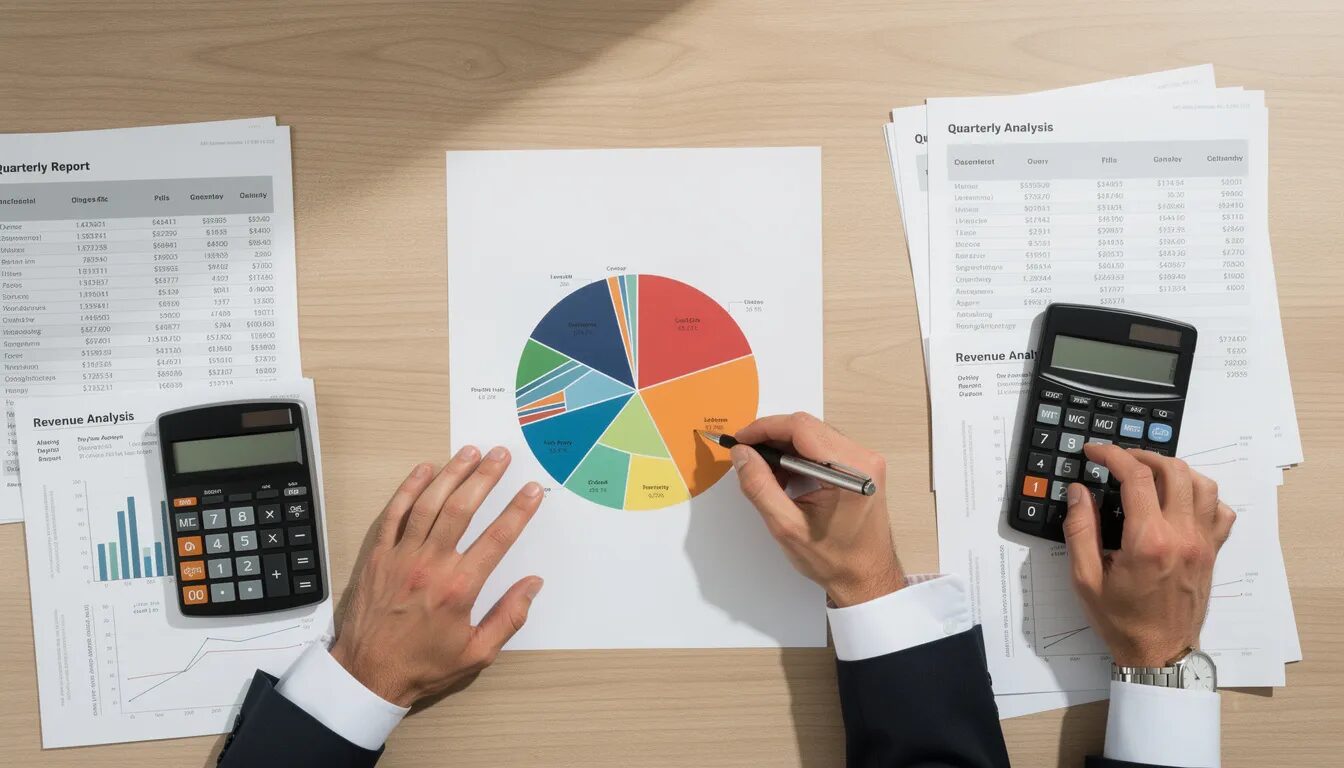 The image depicts a pie chart being closely examined by hands holding a calculator and financial documents, indicating an analysis of data related to digital marketing strategies such as SEO and paid ads. This visual suggests a focus on understanding the effectiveness of various marketing channels, including the cost per click and the potential ROI from both SEO efforts and PPC campaigns.