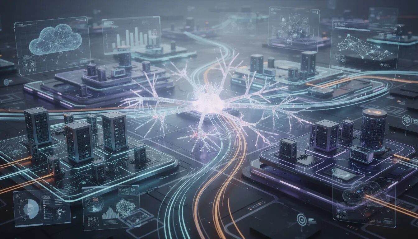 The image depicts a futuristic visualization of advanced technology, showcasing AI neural networks and edge computing nodes interconnected within a vibrant digital ecosystem. This representation highlights the potential of digital platforms and infrastructure to foster strategic partnerships and create value in the evolving digital world.
