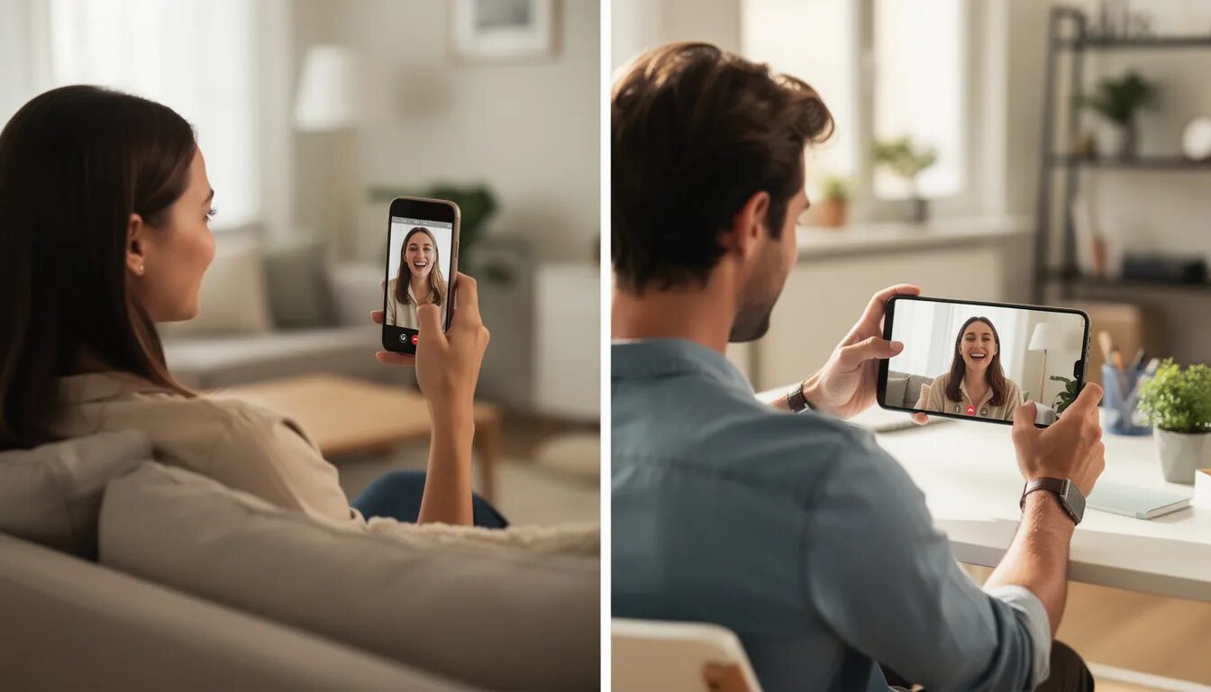 The image depicts a couple engaged in a video call, each using their mobile devices, highlighting the role of digital communication in fostering personal connections despite physical distance. This scene illustrates how technology shapes human relationships and supports meaningful conversations in our daily lives.