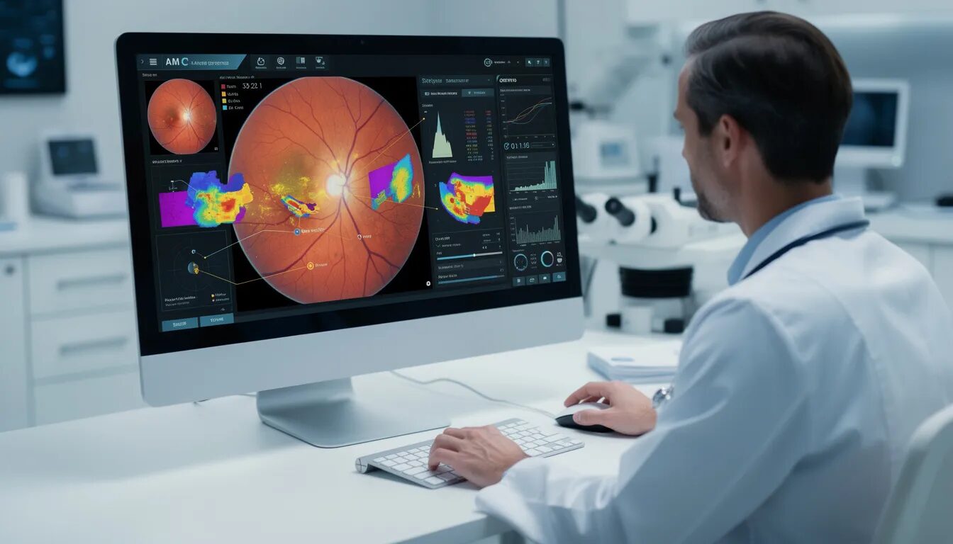 A medical professional is analyzing a retinal scan on a computer screen that features an AI diagnostic tool, showcasing clear visual indicators for assessment. This image highlights the integration of artificial intelligence in healthcare, emphasizing responsible AI practices and ethical considerations in medical decision-making.