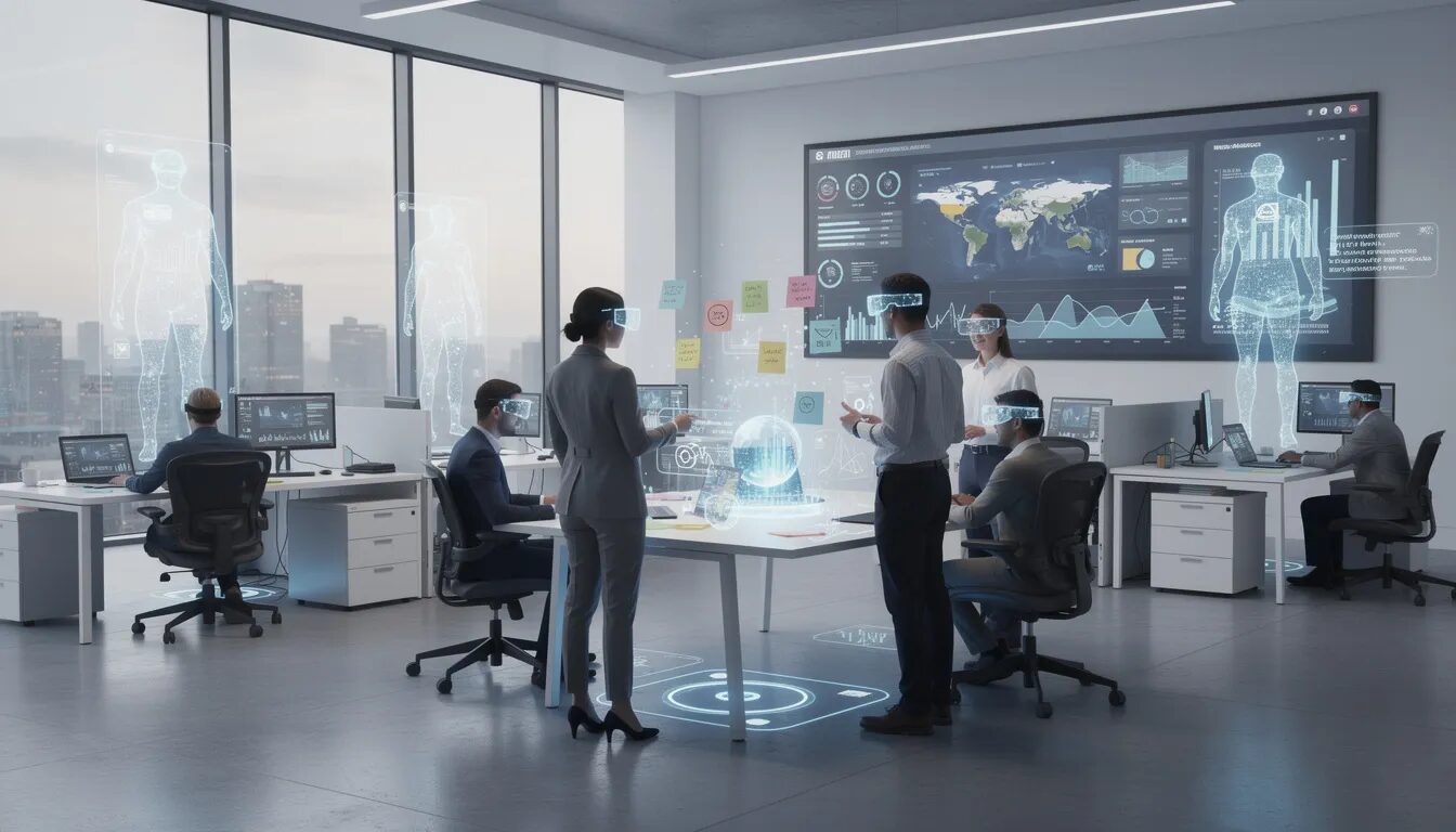 The image depicts a futuristic workspace equipped with VR collaboration headsets and AI-powered assistants, showcasing a modern tech stack that promotes cross-functional collaboration among technology teams. This environment encourages continuous learning and efficient communication, helping team members stay ahead in the evolving tech landscape.