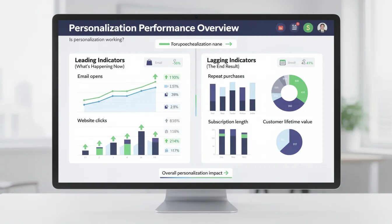 The image depicts a dashboard designed to measure the success of personalization strategies, featuring two main panels: one for leading indicators that track immediate metrics like email opens and website clicks, and another for lagging indicators that reflect long-term outcomes such as repeat purchases and customer lifetime value. This visual representation illustrates how effective personalized interactions can enhance customer retention and satisfaction.