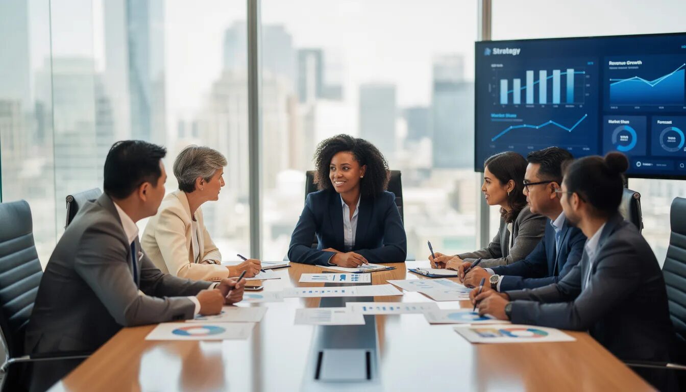 The image depicts a diverse executive team engaged in a collaborative discussion while reviewing strategy documents and digital dashboards in a modern conference room. This scene highlights the importance of effective digital leadership and the role of leadership in driving successful digital transformation initiatives within an organization.