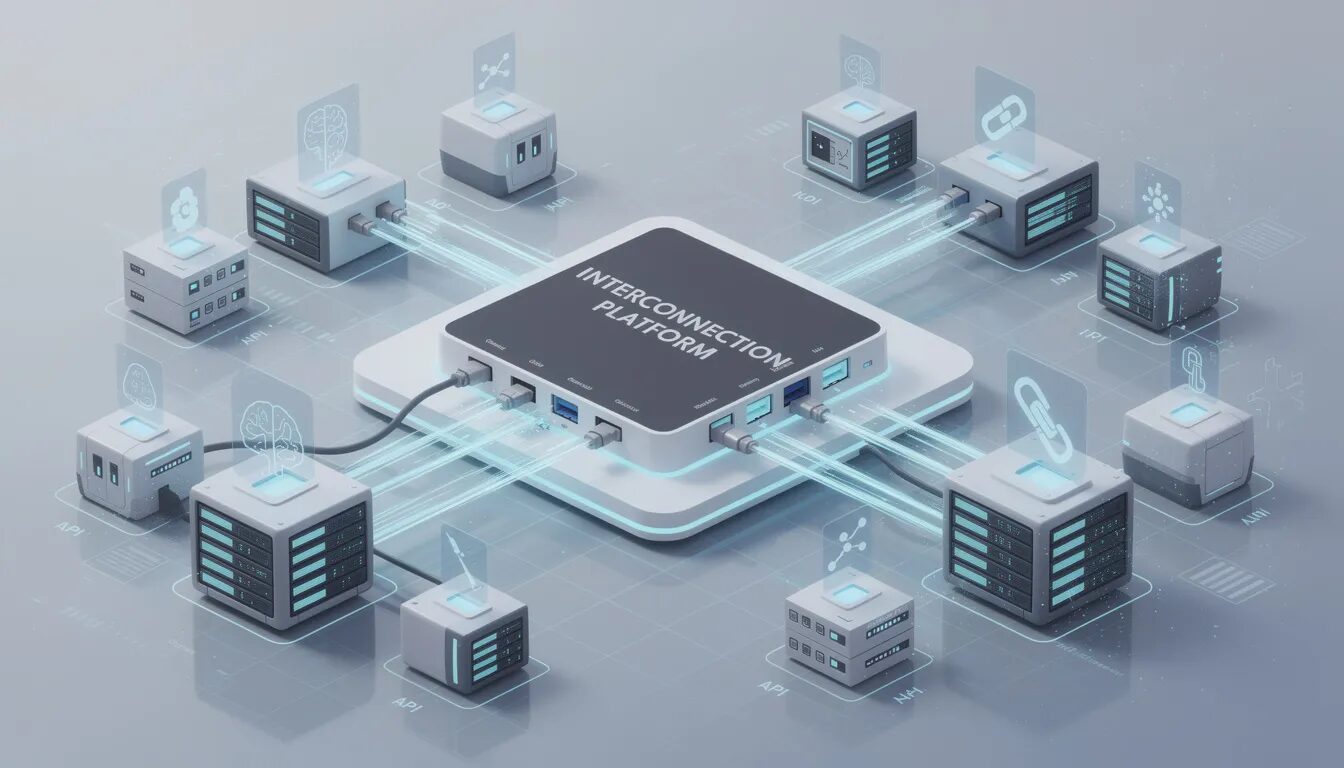 The image depicts a large, user-friendly control panel representing a powerful 'Interconnection Platform,' featuring standardized ports for easy integration. This platform enables businesses of all sizes to connect to various digital ecosystems and access cutting-edge technologies like AI, blockchain, and IoT through glowing icons, symbolizing the seamless digital transformation and value creation opportunities in the digital world.