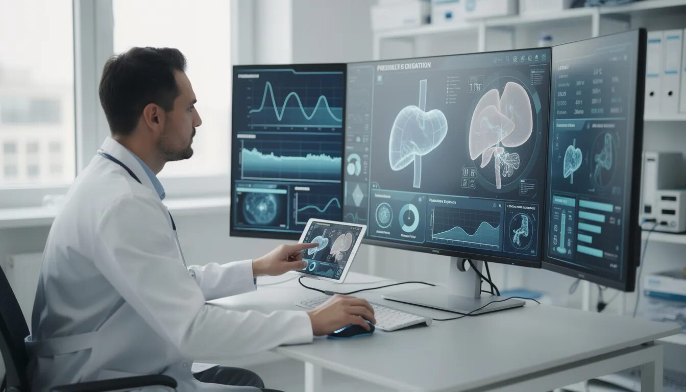 The image depicts a healthcare professional utilizing AI diagnostic tools to analyze complex medical data, highlighting the integration of human-centered design and artificial intelligence in informed decision-making processes. The scene emphasizes the collaboration between human intelligence and AI technologies to enhance healthcare outcomes.