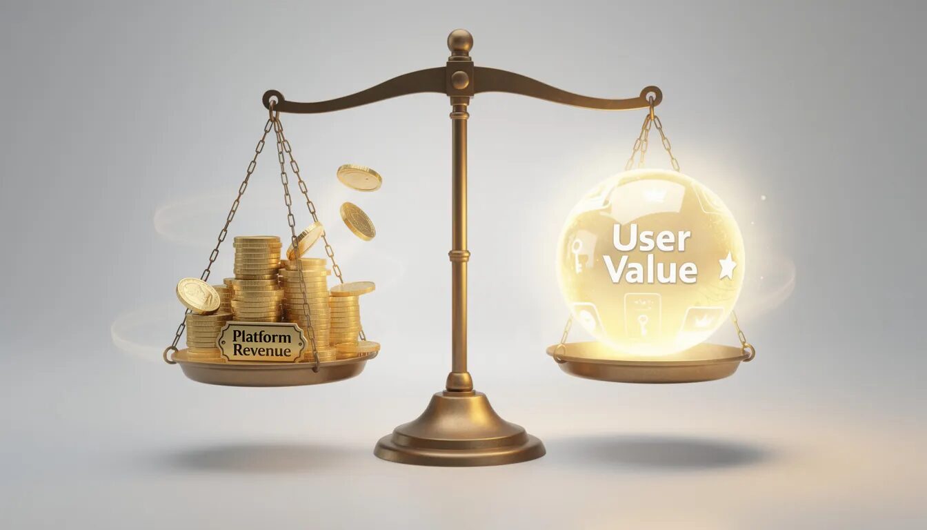 The image depicts a balanced scale with a stack of coins labeled "Platform Revenue" on one side and a glowing orb labeled "User Value" on the other, which expands as more coins are added. This visual metaphor illustrates the concept that a successful digital platform achieves sustainable monetization while enhancing user experience and satisfaction in direct proportion to the costs incurred.