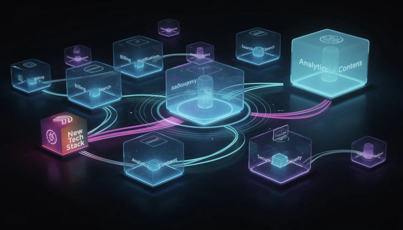 The image depicts a futuristic network of glowing, interconnected pods or cubes, each symbolizing different microservices like 'Analytics' and 'Security,' showcasing innovative solutions for digital transformation. These pods are connected by streams of light, illustrating how they can independently scale and integrate seamlessly, enhancing operational efficiency for organizations and clients.