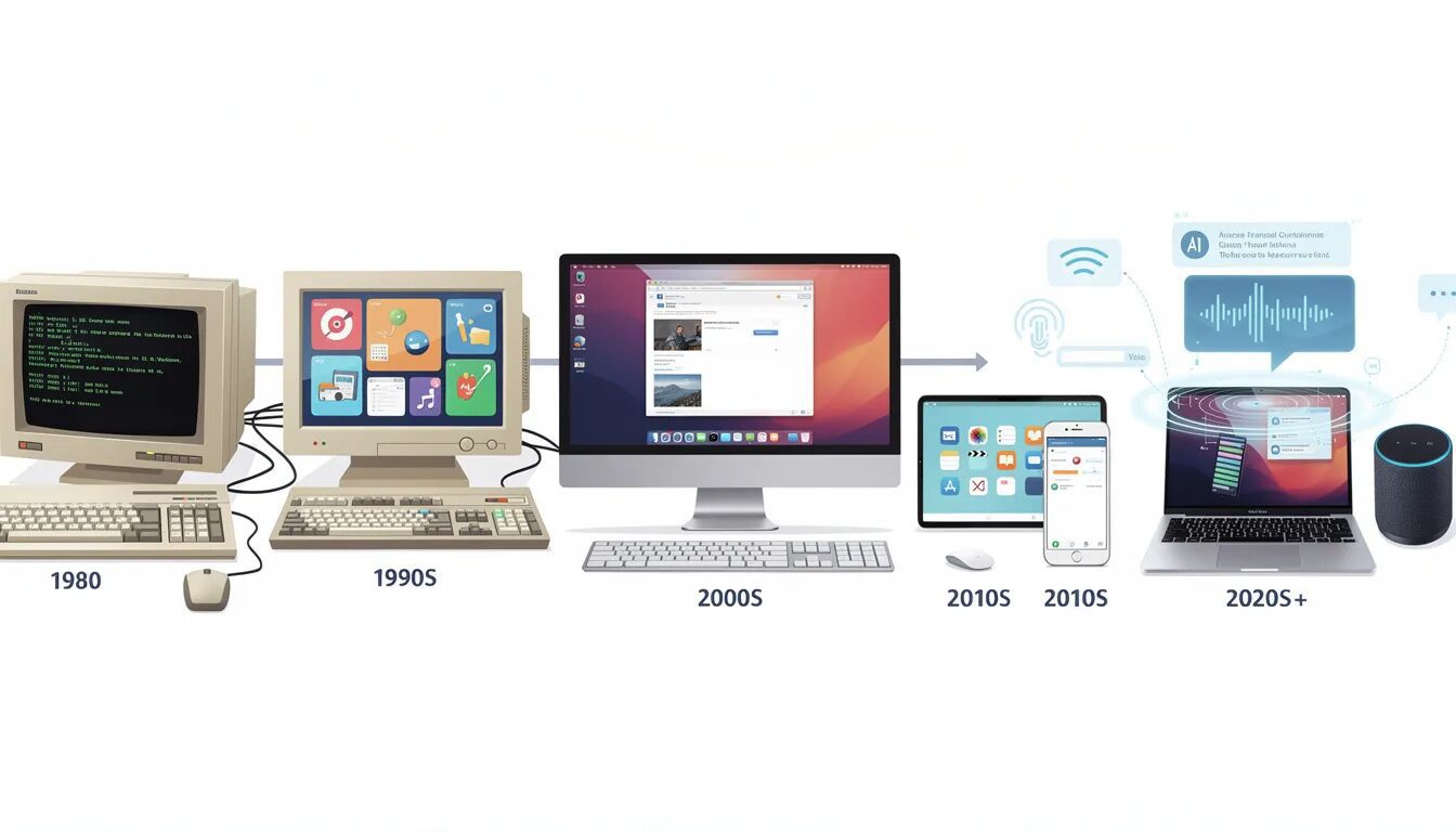 The image illustrates the evolution of computer interfaces, showcasing a progression from command line interfaces to modern AI assistants, highlighting the integration of human-centered design principles and artificial intelligence technologies. This transformation emphasizes how user needs and human creativity have shaped the development of AI systems that enhance decision-making processes and improve user experiences.