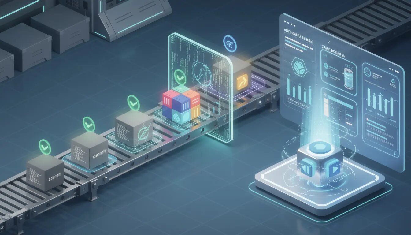 The image depicts a sleek, automated deployment pipeline, where code commits are represented as raw cubes moving along a conveyor belt. These cubes undergo various stages of automated testing, integration, and quality checks, ultimately transforming into polished features that are seamlessly deployed to a live application environment, showcasing the operational efficiency and innovative technology critical for businesses to thrive in today's digital landscape.