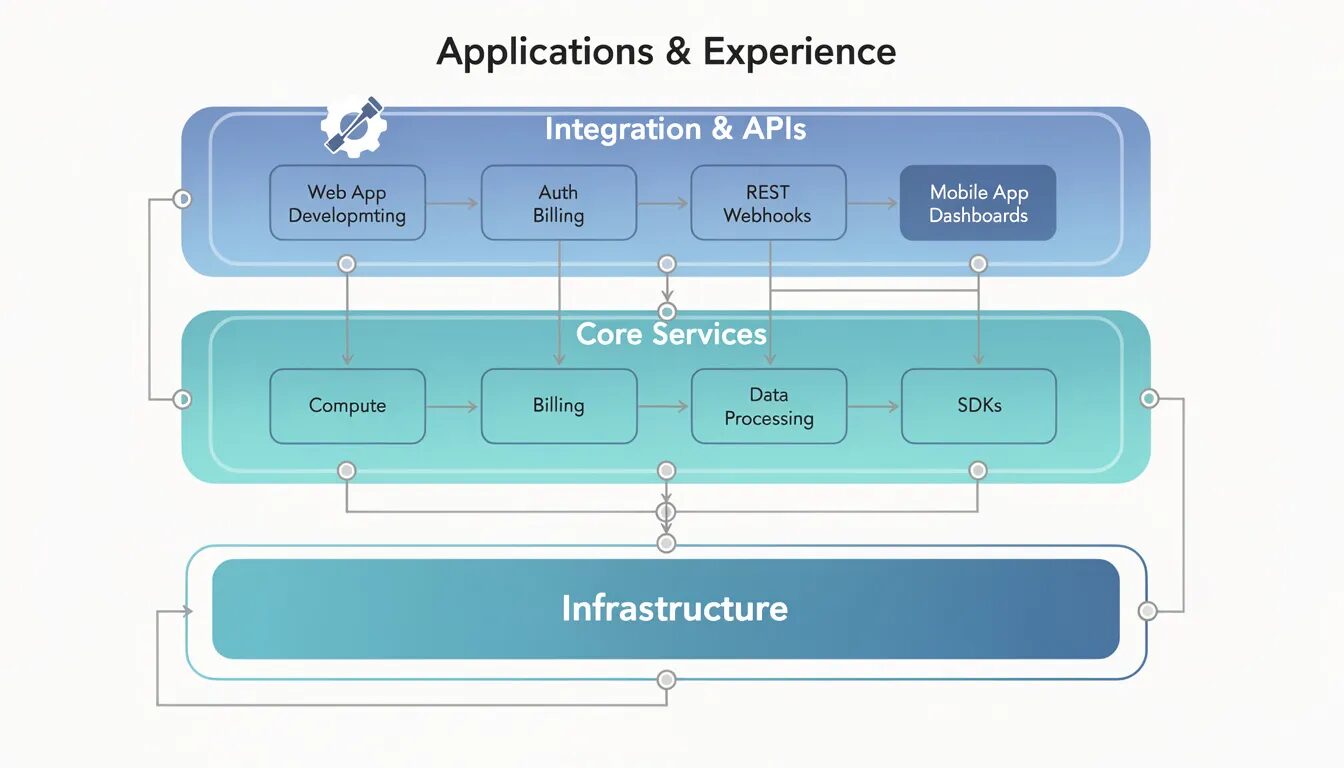The image depicts a technical architecture diagram featuring four interconnected layers of platform development, illustrating how small businesses can adopt platform-based business models. Each layer represents key components such as strategic partnerships and emerging technologies, showcasing the dynamic capabilities required to engage customers and drive growth in a digital platform environment.