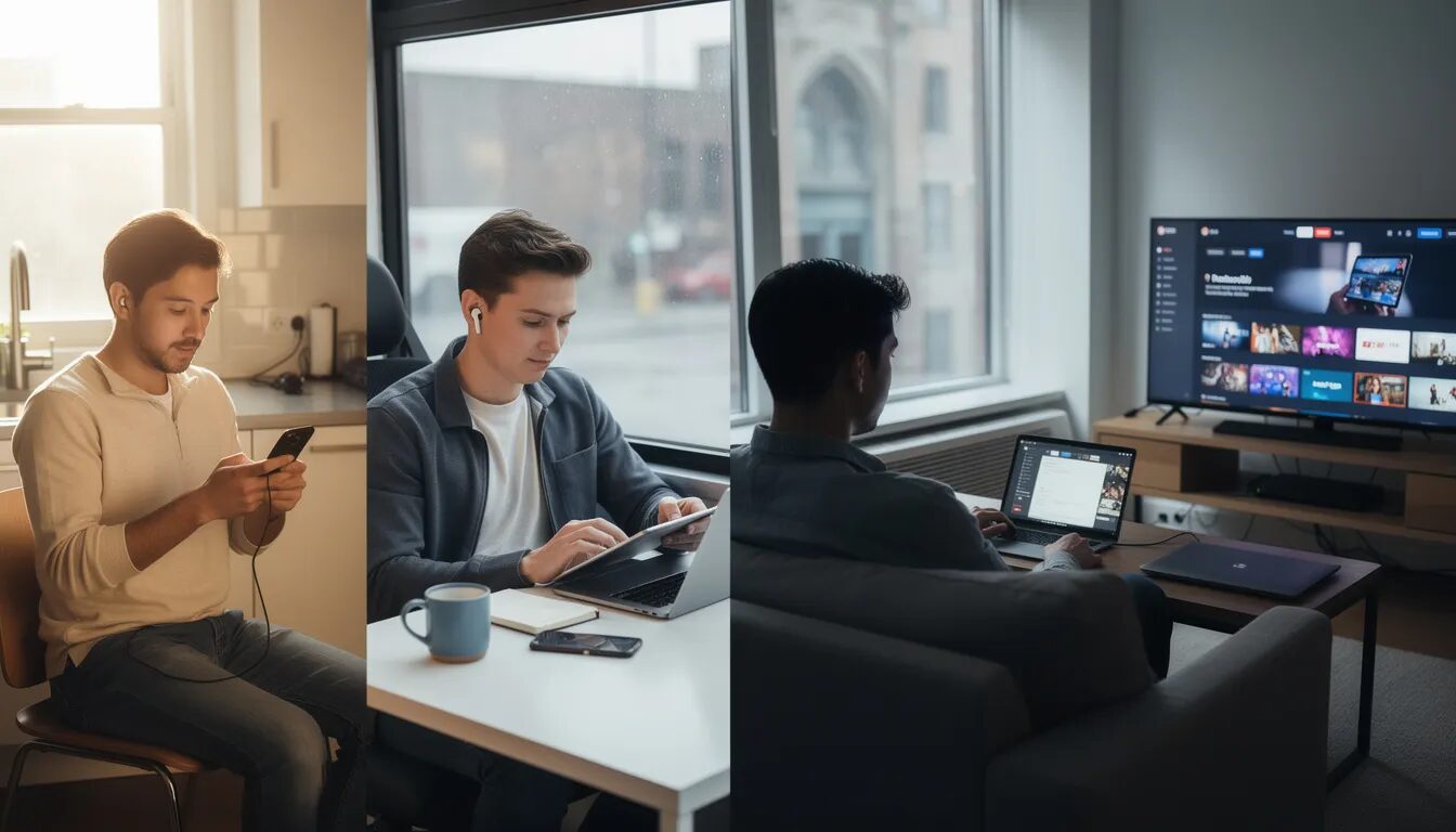 The image depicts a person seamlessly switching between multiple devices throughout their daily routine, illustrating user behavior across different platforms. This visual representation highlights the importance of cross device tracking and analyzing user interactions to gain valuable insights into the customer journey.