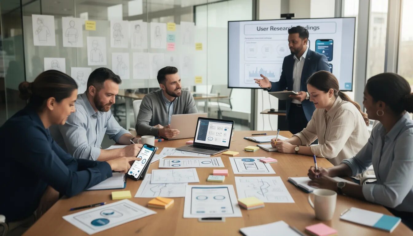 A cross-functional team is gathered around a table, actively collaborating on digital interface mockups and discussing insights from user research. They are focused on enhancing user experience through user feedback and usability testing, aiming for positive user satisfaction in their digital products.