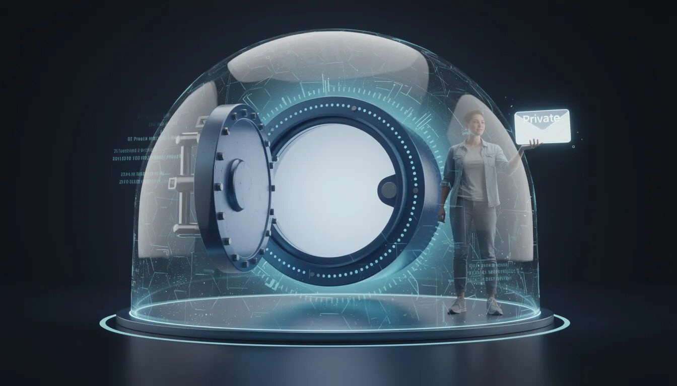 The image depicts the Signal app icon represented as an open vault, revealing an empty interior, symbolizing transparency and trust. Surrounding the vault is a glowing, transparent shield of encryption, with a confident user standing behind it, holding a private message that highlights the ethical design principles of user trust and data protection in today's digital landscape.