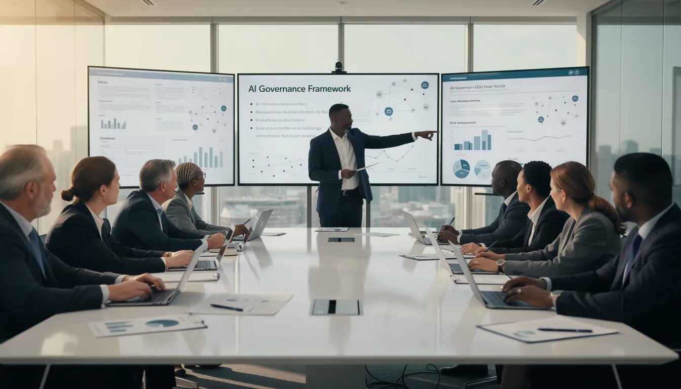 A diverse group of professionals is engaged in a discussion about AI governance in a modern boardroom, surrounded by documents and presentation screens. They are exploring responsible AI principles and the ethical implications of AI technologies, emphasizing the importance of human oversight and ethical standards in AI development.