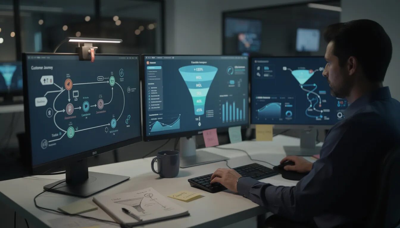 A person is seated at a desk surrounded by multiple screens displaying detailed analytics on customer journey mapping and funnel performance, focusing on optimizing conversion rates and nurturing leads through various stages of the sales funnel. The screens illustrate key metrics and strategies aimed at transforming potential customers into loyal buyers while enhancing the overall customer experience.