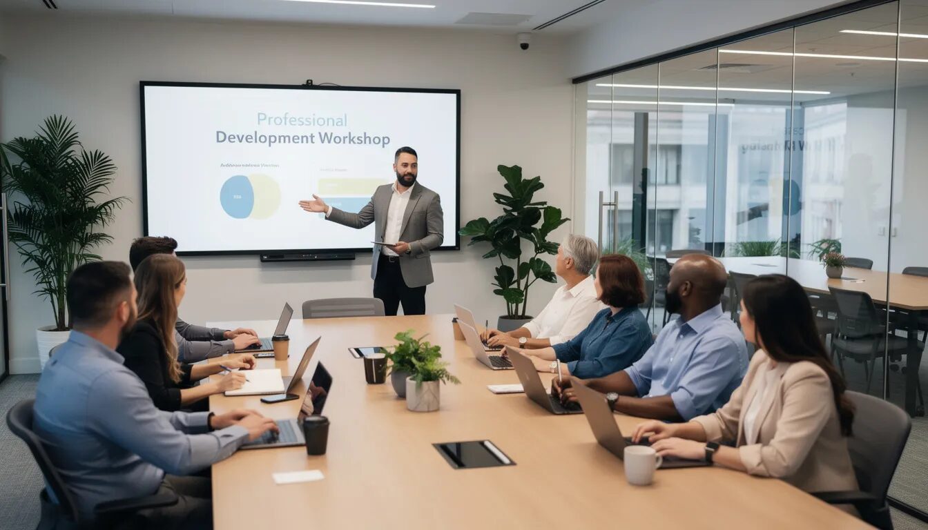 The image depicts a professional development training session in a modern conference room, where employees are collaborating on innovative ideas and strategies to enhance small business growth. The atmosphere is focused and engaged, reflecting a commitment to improving customer relationship management and exploring growth opportunities for existing customers.