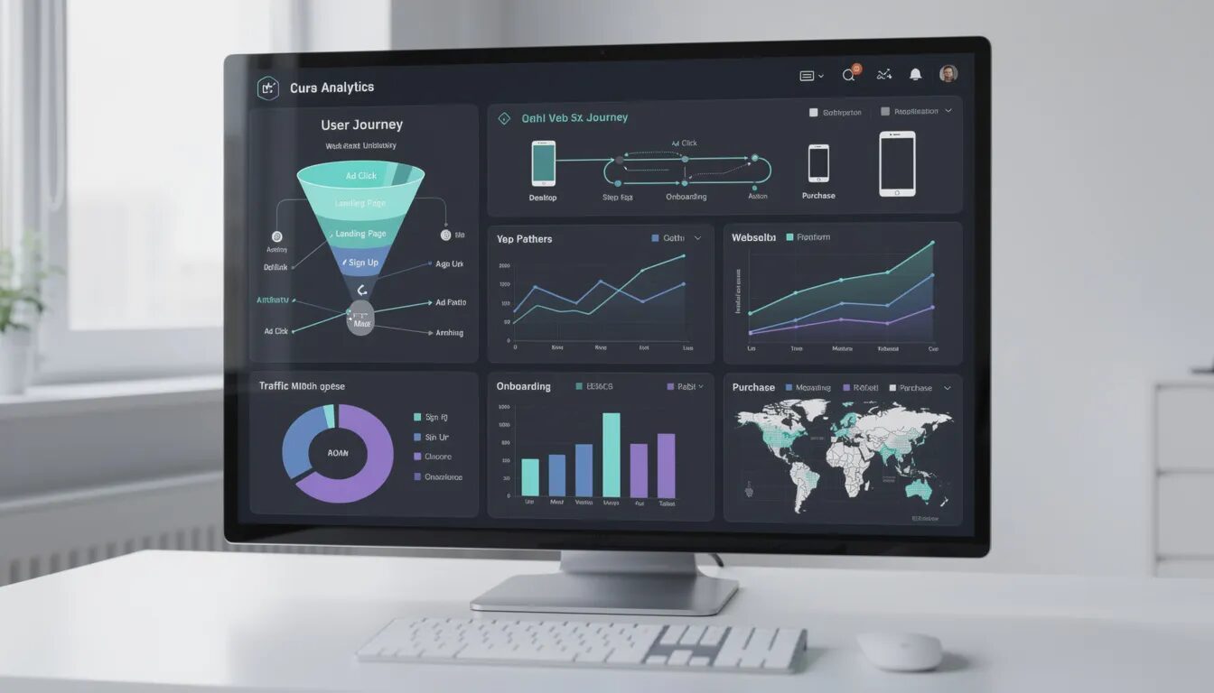 An analytics dashboard displayed on a computer screen showcases cross-platform user journey data, illustrating how users interact across multiple devices. The visual representation highlights user behavior data, enabling comprehensive analysis of customer interactions and optimizing marketing efforts through cross device tracking methods.