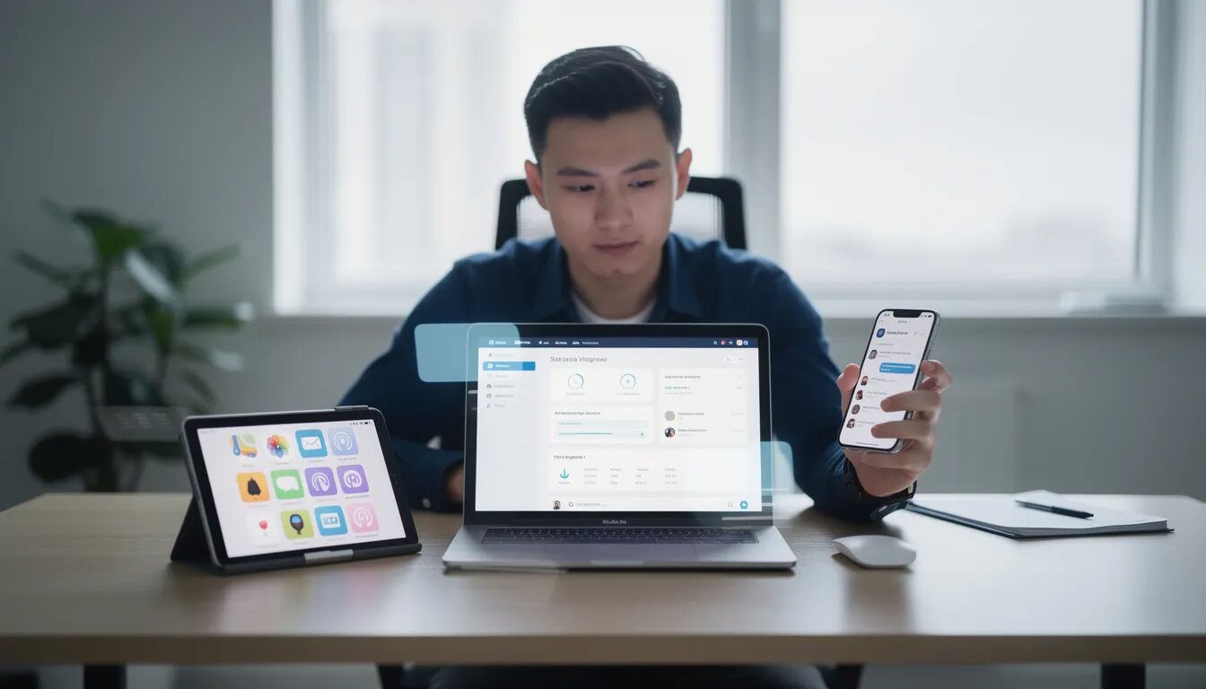 A modern user is engaged with multiple digital devices, including a smartphone, tablet, and laptop, reflecting a seamless user experience across digital platforms. This interaction highlights the importance of user-centered design in enhancing user satisfaction and understanding user needs in today's digital landscape.