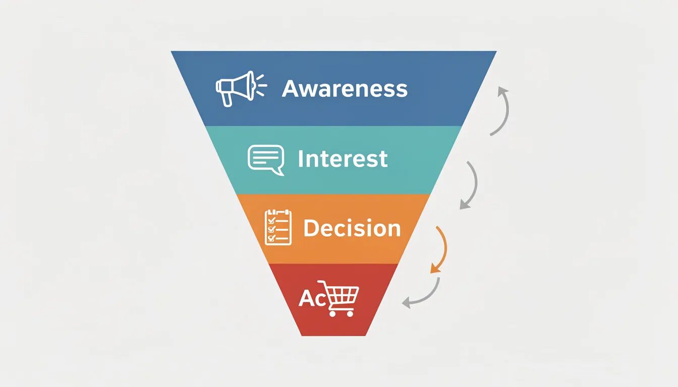 The image depicts a four-stage sales funnel, illustrating the customer journey from awareness to action, with arrows indicating the flow of potential customers through each stage. This visual representation highlights the importance of optimizing landing pages and nurturing leads to create a high converting sales funnel that significantly impacts conversion rates.