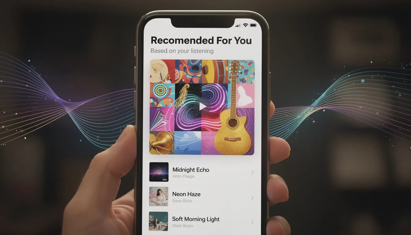 The image depicts a smartphone screen showcasing a vibrant, personalized Spotify playlist, with a mosaic cover representing the user's favorite genres and moods. In the background, a flowing data stream visually connects the user's listening history to the "Recommended For You" title, illustrating how effective digital platform strategies can enhance user engagement and satisfaction through understanding user behavior.