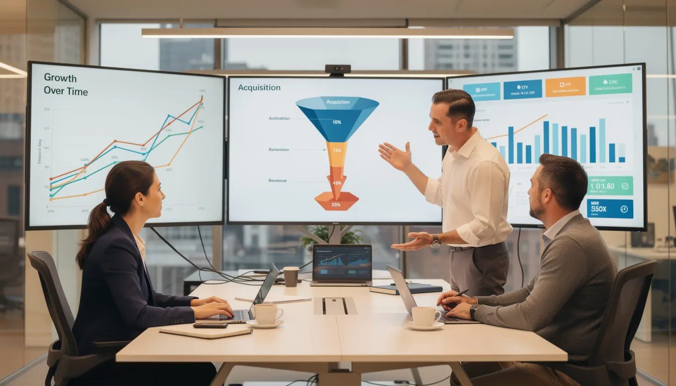 A business team is gathered around multiple monitors, analyzing growth charts and funnel scaling metrics to enhance their marketing strategy. They focus on key metrics related to conversion rates and the customer journey, aiming to create high converting sales funnels that effectively nurture leads and attract potential customers.