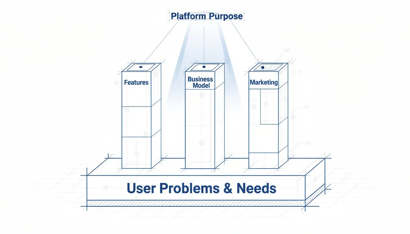 The image depicts a detailed blueprint illustrating a strategic framework for a successful digital platform. At its core, "User Problems & Needs" serves as the foundational layer, with strategic pillars like "Features," "Business Model," and "Marketing" built upon it, all aligned under a guiding "Platform Purpose" that emphasizes user engagement and satisfaction for long-term growth.