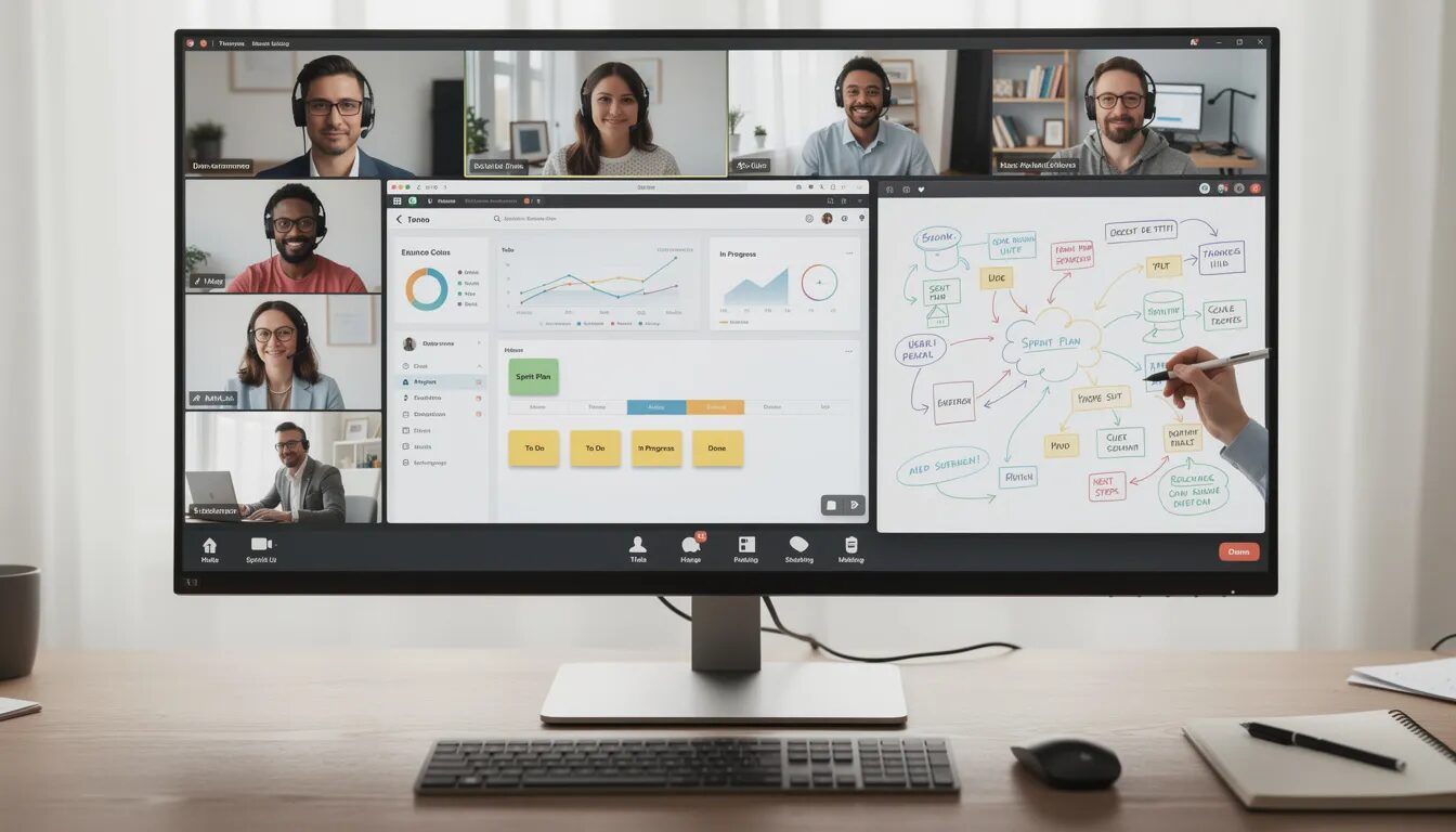 A diverse group of remote team members is engaged in a video conference, collaborating through shared screens and digital whiteboards, showcasing their commitment to cross-functional collaboration and continuous learning. This scene highlights the use of a modern tech stack to facilitate effective communication and enhance productivity in achieving business objectives.
