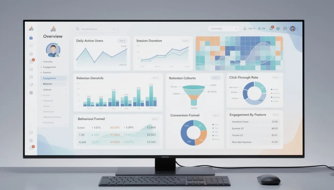 The image depicts an analytics dashboard showcasing user engagement metrics and behavioral patterns, designed to enhance the user experience on a digital platform. This dashboard provides insights into user behavior and satisfaction, enabling informed decision-making for continuous improvements in business operations and platform strategy.
