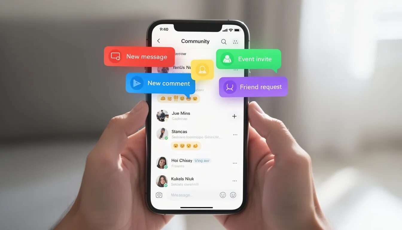 The image shows hands holding a smartphone displaying a vibrant community app, complete with colorful notification bubbles that signify active participation and engagement among community members. This visual highlights the importance of online community platforms in fostering a thriving and supportive environment for users to connect and share resources.