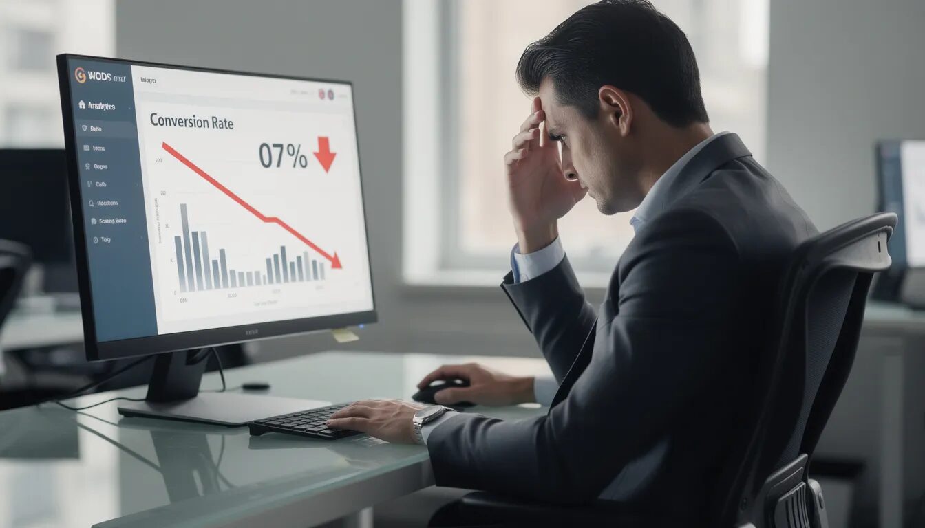 A frustrated person sits in front of a computer screen displaying analytics that show a declining conversion rate for their sales funnel. The data highlights the challenges in attracting potential customers and optimizing their marketing efforts to improve conversion rates.