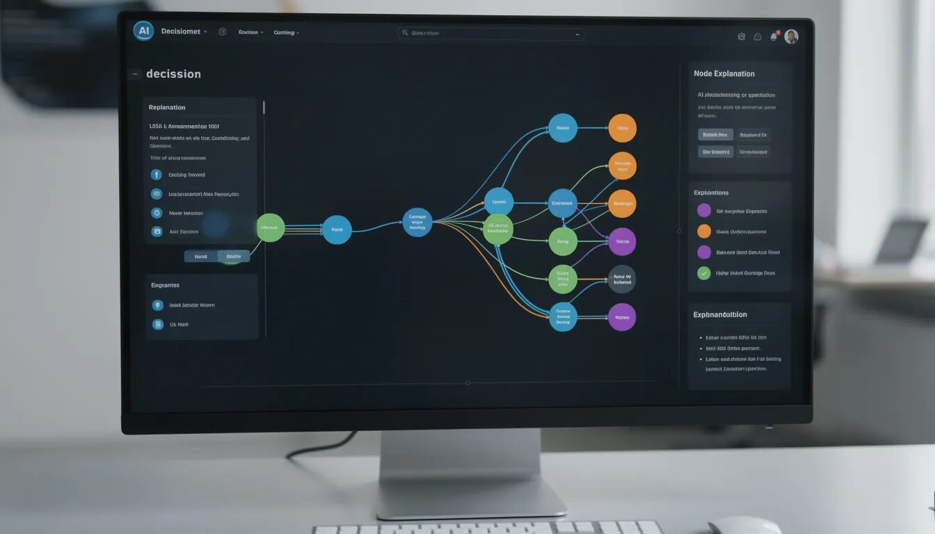 The image depicts a close-up view of a computer screen displaying a colorful AI decision tree visualization, illustrating the connections and explanations of various AI models. This visualization emphasizes the importance of responsible AI practices and ethical considerations in AI technologies, highlighting the need for human oversight and governance frameworks in AI decision-making processes.