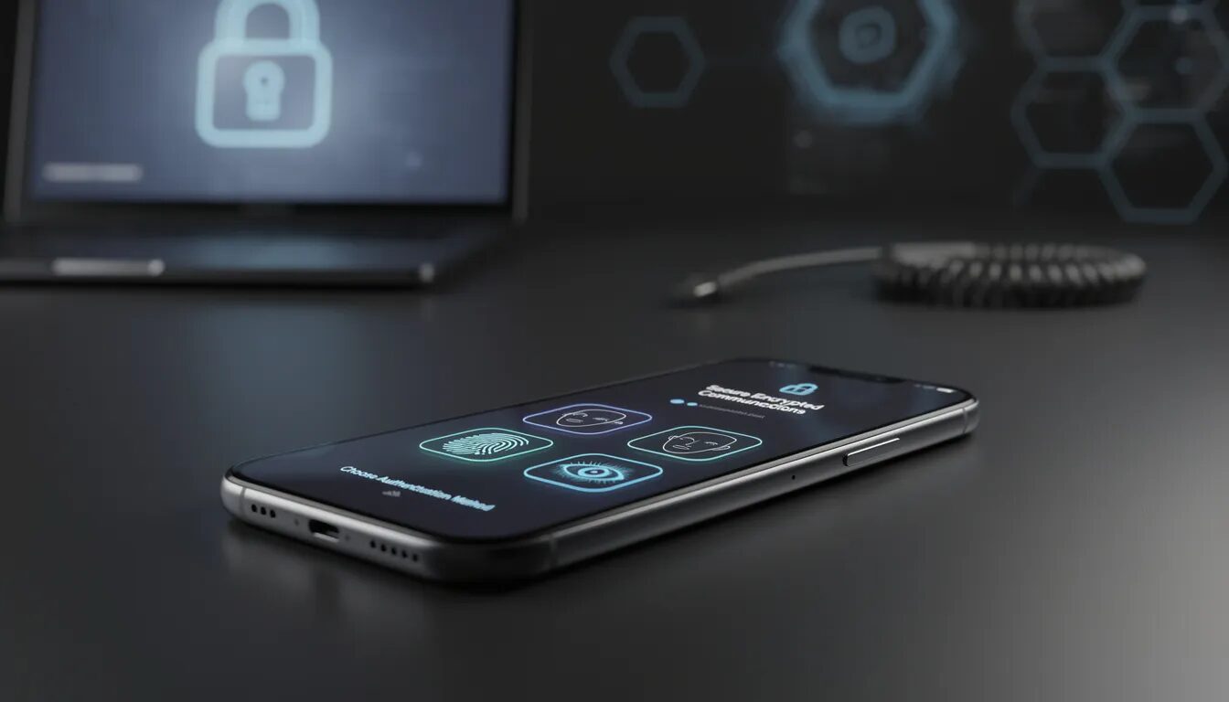 The image features a secure mobile device showcasing various biometric authentication options for accessing encrypted communications, emphasizing the importance of security measures in safeguarding sensitive data. This highlights the evolving landscape of secure communication tools and the necessity of multi-factor authentication for protecting business communications.
