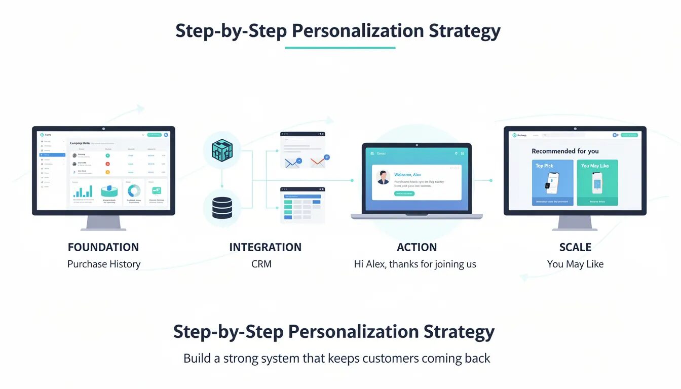 The image illustrates a step-by-step process of a business building a personalization strategy, starting with gathering clean customer data and integrating it into their tools. This approach enhances customer retention through personalized interactions, such as tailored emails and website recommendations, ultimately leading to increased customer loyalty and satisfaction.