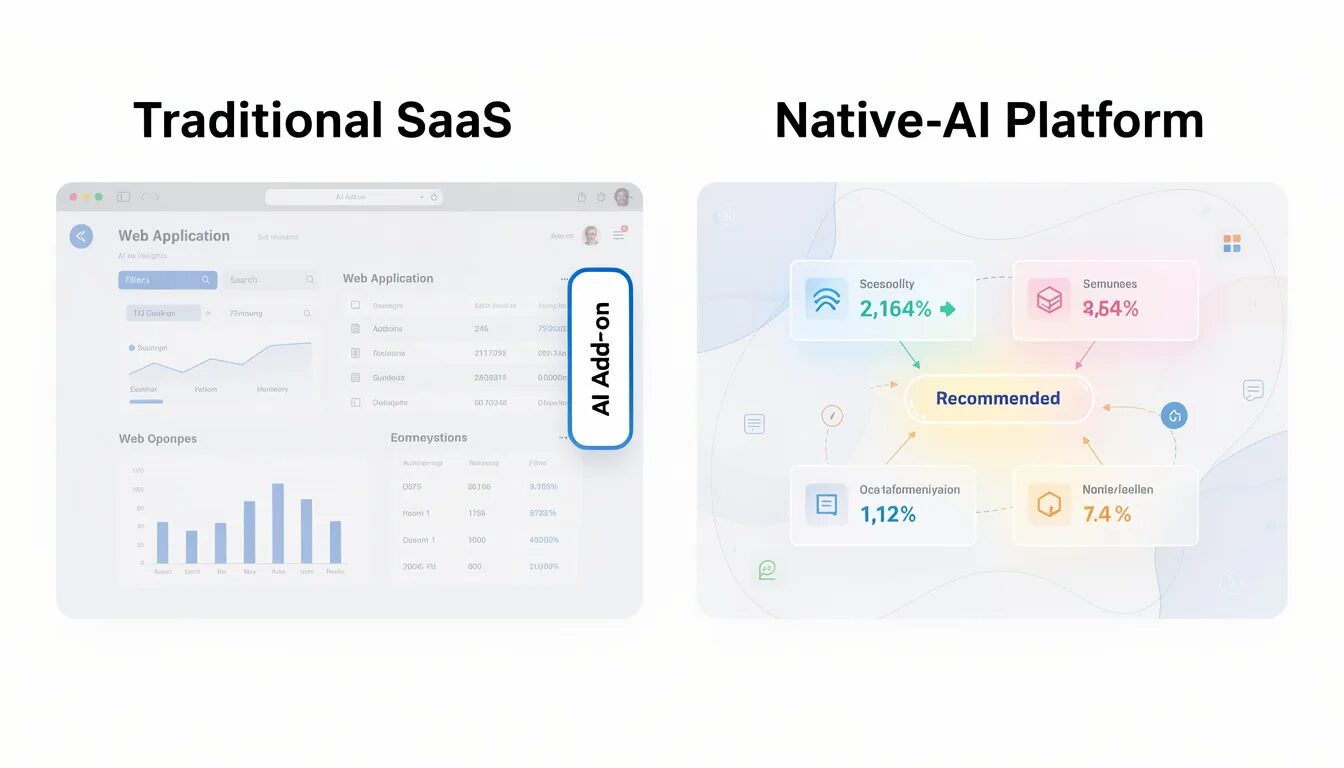 The image presents a side-by-side comparison of two software architectures: on the left, a traditional SaaS platform featuring a standard application dashboard with a manual "AI Add-on" button for insights; on the right, a native-AI platform where AI serves as the foundation, automatically providing key insights and suggesting actions, illustrating the future of SaaS solutions with seamless integration and enhanced operational efficiency.
