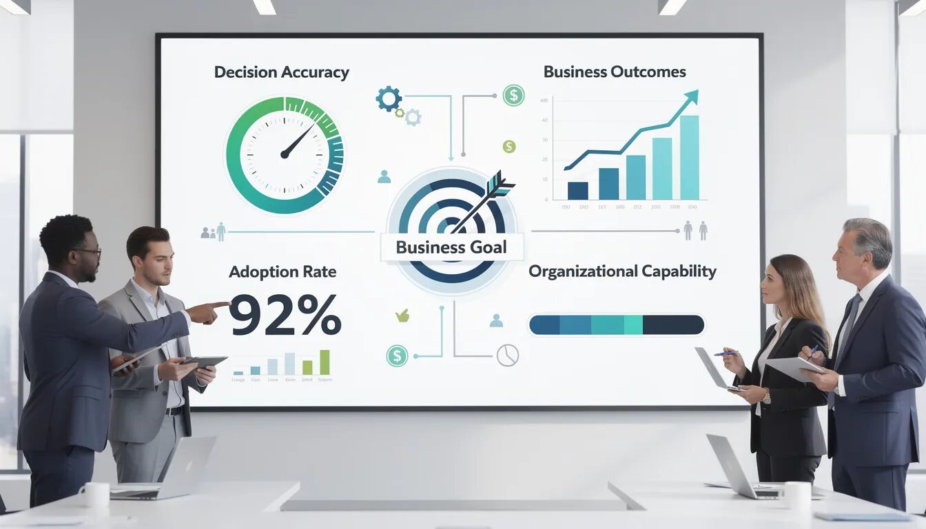 The image depicts a diverse team of professionals engaged in data-driven decision making, analyzing a large dashboard that showcases four key performance indicators: a "Decision Accuracy" gauge, a "Business Outcomes" graph, a high "Adoption Rate" percentage, and an "Organizational Capability" progress bar. The clean, corporate infographic style emphasizes the strategic and analytical atmosphere, highlighting the importance of leveraging data analytics to inform business decisions and achieve organizational goals.